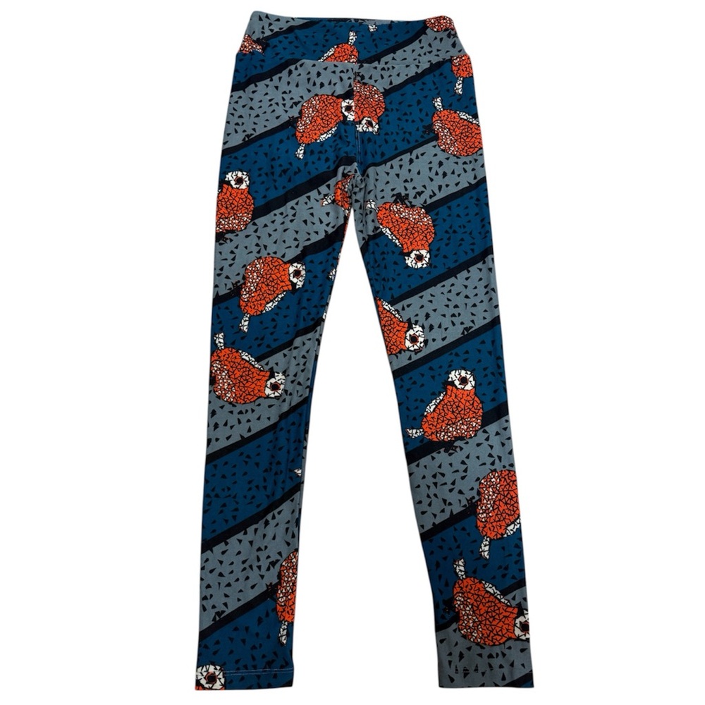 LuLaRoe OS Blue Gray Orange Bird Print Buttery Soft Stretch Leggings NWOT